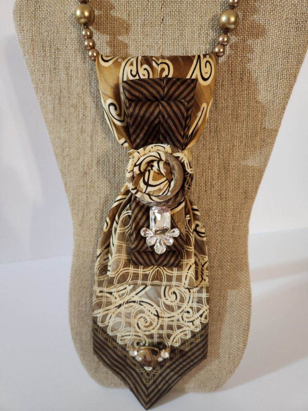 Hand Crafted Necktie Necklace with Rhinestone Accents Brown Beige Pearl Necklace - Picture 2 of 8